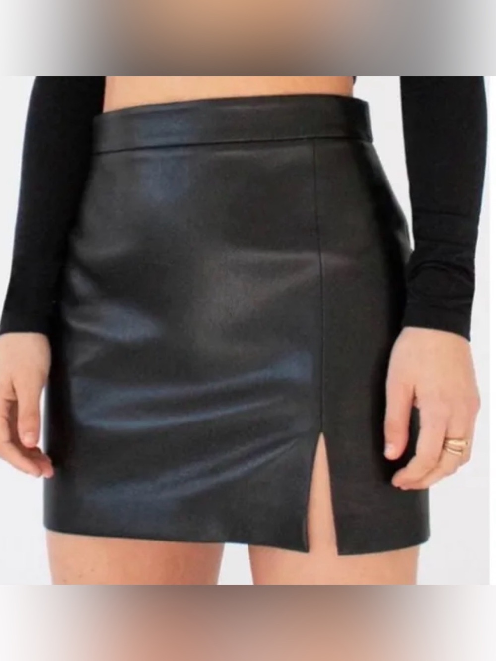 Wilfred Black Faux Leather Mini Skirt with Front Slit